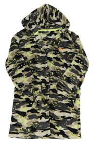 Čierno-béžovo-sivý army chlpatý župan s kapucňou