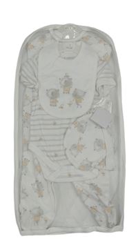 Nové - 5set - Bílý overal s medvídky + body + bryndák + čepice + rukavice 