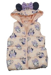 Broskvová šušťáková prešívaná zateplená vesta s Minnií a kapucňou Disney