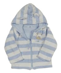 Světlemodro-bílá pruhovaná fleecová propínací podšitá mikina kapucí 
