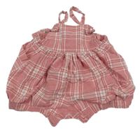 Ružovo-biele kockované plátenné na traké kraťasy