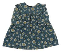 Modrošedé kvetované ľahké šaty s volánikmi