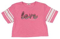 Korálové melírované crop tričko s nápismi a pruhmi Candy Couture