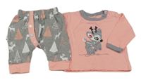 2Set - Broskvovo/šedé triko se srnečkem + šedo/broskvové melírované turecké tepláky s jeleny a stromečky Koala