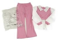 2Set - Růžovo-bílá halenka se žebrováním + růžové žebrované flare kalhoty 
