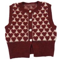 Tmavovínovo-bílo/světlerůžová chlpatá prepínaci svetrová crop vesta so srdiečkami