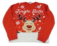 Červeno-biely sveter so sobom a vločkami z flitrů C&A