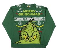 Tmavozelený pletený vianočný sveter s Grinchem