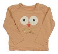 Světlekaramelové tričko s očima a zobáčkem a zlatými nápisy HEMA