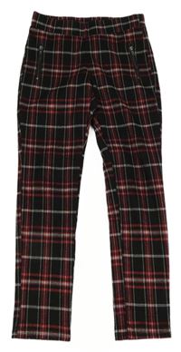 Čierno-červeno-biele kockované tregínové nohavice so zipy C&A