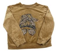 Hnedá plyšová crop mikina s dívkou