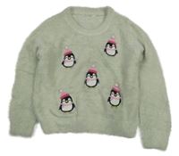 Světleolivovošedý chlpatý oversize sveter s tučňáčky PRIMARK