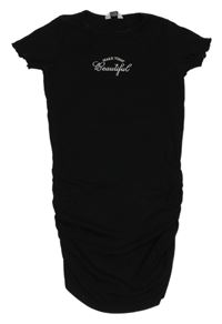 Čierne rebrované elastické šaty s nápismi a nařasením PRIMARK