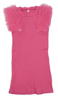 Tmavoružové rebrované šaty s tylovymi volániky