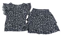 2set - Tmavomodré květované tričko s volánky + sukně s všitými kraťasy Nutmeg