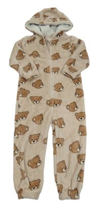 Béžová chlpatá kombinéza s medveďmi a kapucňou Next