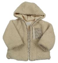 Béžová huňatá zateplená bunda s kvetovanou vreckom a kapucňou Zara