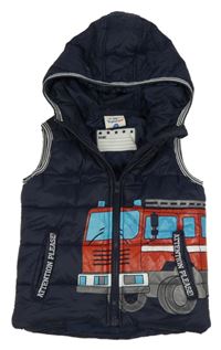 Tmavomodrá šušťáková zateplená vesta s hasiči a kapucňou Topolino