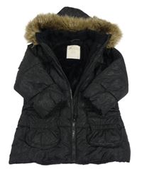 Černá vzorovaná šusťáková zimní bunda s kapucí s kožešinou Matalan