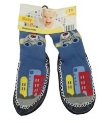 Nové - tmavomodré ponožky s obrázkami a koženkovou podešví