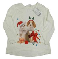 Nové - bílé vánoční triko s kočkou a psem H&M