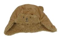 Hnědá sametová zateplená čepice s čumákem 