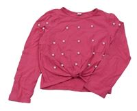 Růžové crop triko s perličkami Shein