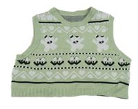 Zeleno-bielo-čierna vzorovaná úpletová crop vesta s králíčky