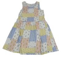 Bielo-ružovo-modro-žlté kvetované patchworkové šaty H&M