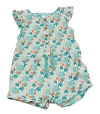 Bílo-zelený kraťasový overal s listy a ptáčky OBAIBI