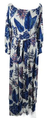 Dámské bílo-modré květované dlouhé šaty s páskem Bodyflirt 