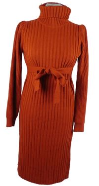 Dámske červené rebrované svetrové šaty s opaskom a rolákom Shein