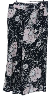 Dámske čierne kvetované culottes nohavice s opaskom M&S