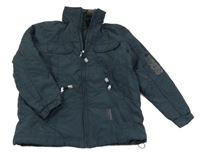 Tmavomodrá šušťáková zimná bunda s nápisom a ukrývací kapucňou Pocopiano