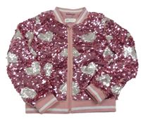 Růžová flitrová podšitá bunda se srdíčky H&M