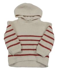 Smetanovo-červený pruhovaný žinylkový svetr s kapucí F&F