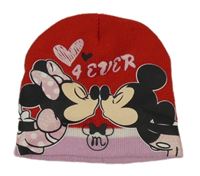 Červeno-růžová pletená čepice s Minnie a Mickeym 