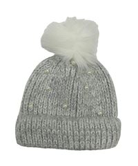 Šedá melírovaná třpytivá pletená čepice s perlami a bambulí Tu