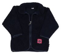 Tmavomodrá huňatá bunda s nášivkou a golierikom