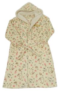 Smetanový chlupatý župan s medvědy, ježky a kapucí 