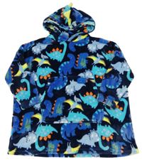 Tmavomodrá plyšová oversize dlhá mikina s dinosaurami a vreckom a kapucňou Matalan