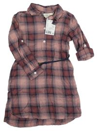 Nové - Starorůžovo-tmavomodré kostkované košilové šaty s páskem H&M