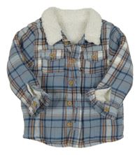 Modro-bielo-béžová kockovaná flanelová zateplená košeľová bunda Tu