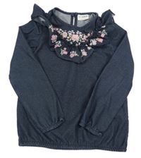 Tmavomodrá mikina s kvietkami a volánikmi LC Waikiki