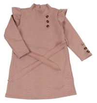 Staroružové vzorované šaty s volánikmi a opaskom