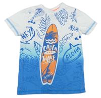 Bielo-azurovo-modré tričko so surfom a listami little kids