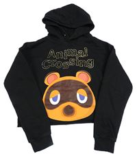 Čierna crop mikina s medvedíkom a zlatými nápisy - Animal Crossing a kapucňou PRIMARK