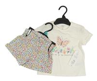 2Set - Bílé tričko s motýlkem a kytičkami + bílo/barevné kytičkované kraťasy F&F