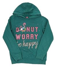 Tmavozelená mikina s nápismi a flitrami a plameňákem a kamienkami a kapucňou George