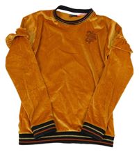 Medovo-čierna zamatová mikina s nápismi a pruhmi a volánikmi TOM.DU